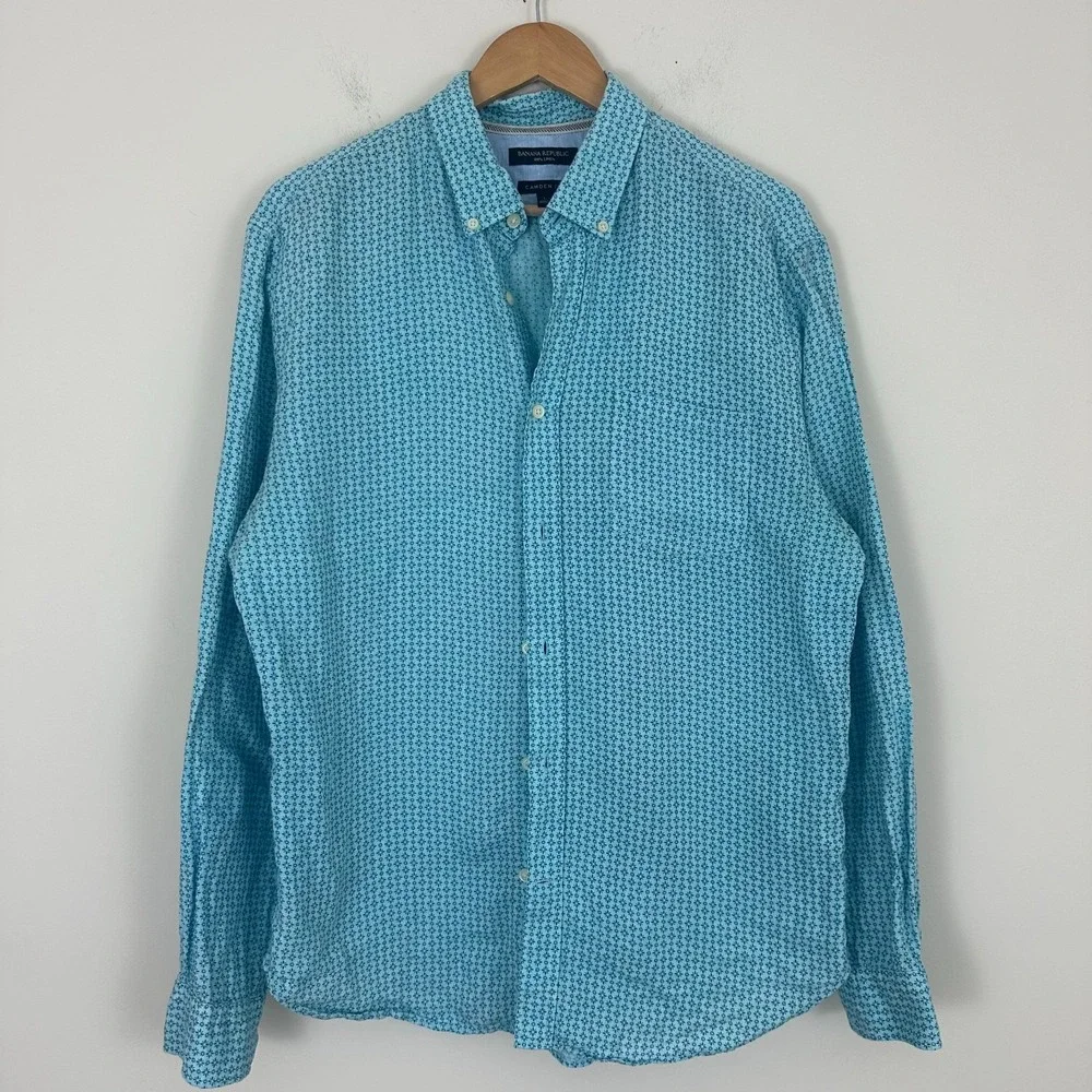 Banana Republic Shirt Blue Floral 100% Linen Camden Fit Button Down Mens Large